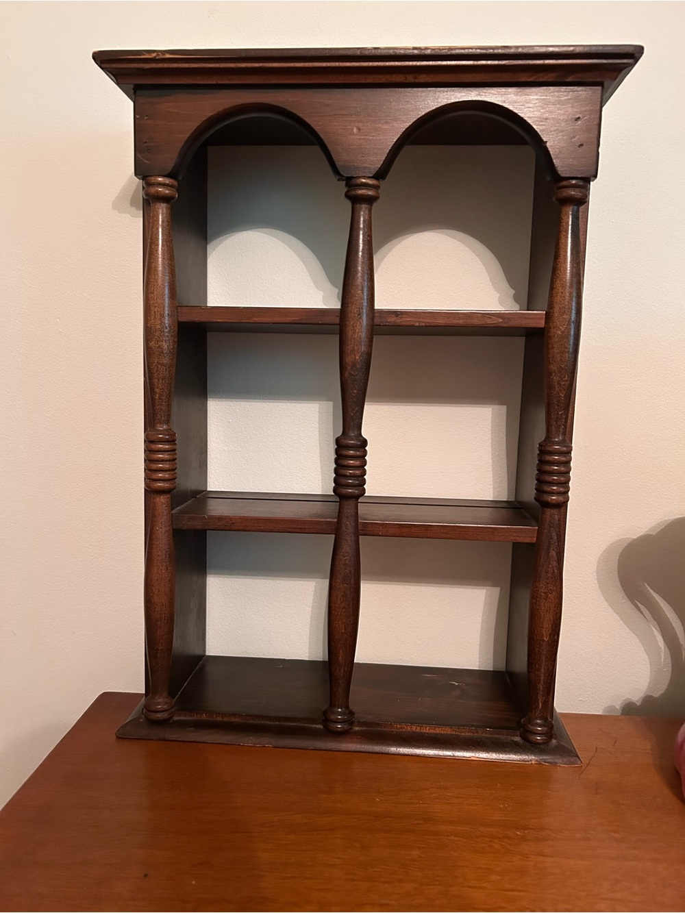 Vintage Wooden Three Tiered Shelf with Arches in Front
